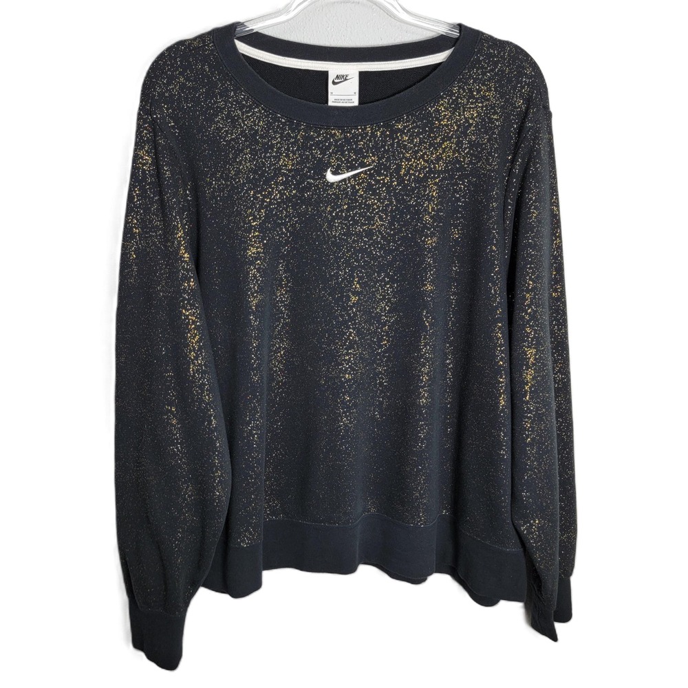 Nike Womens 1X Stardust Sweatshirt Black Gold Metallic Speckled Swoosh Crewneck